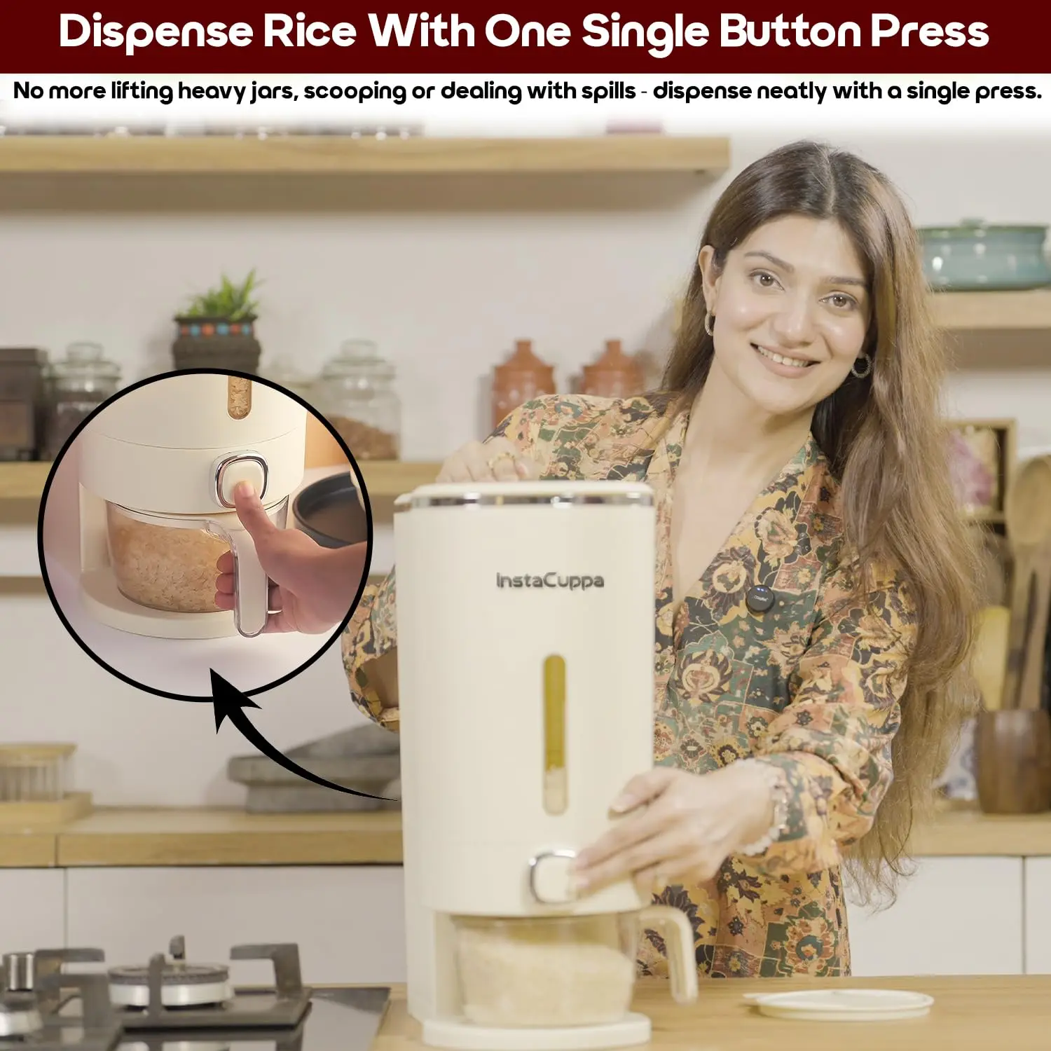 InstaCuppa Rice Dispenser 10kg | Airtight Plastic Dry Grain Storage Container with Measuring Cup & Strainer | BPA-Free & Odorless - Image 3