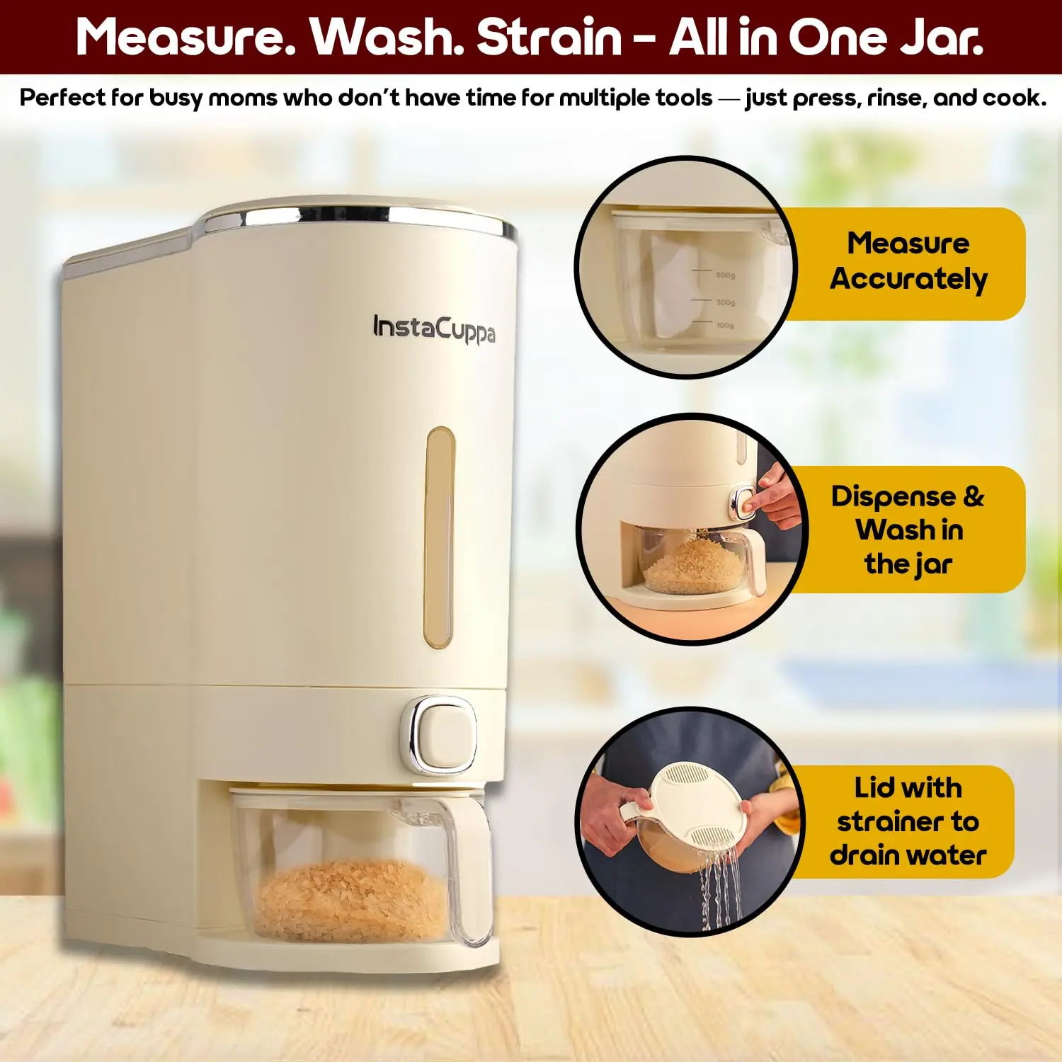 InstaCuppa Rice Dispenser 10kg | Airtight Plastic Dry Grain Storage Container with Measuring Cup & Strainer | BPA-Free & Odorless - Image 7