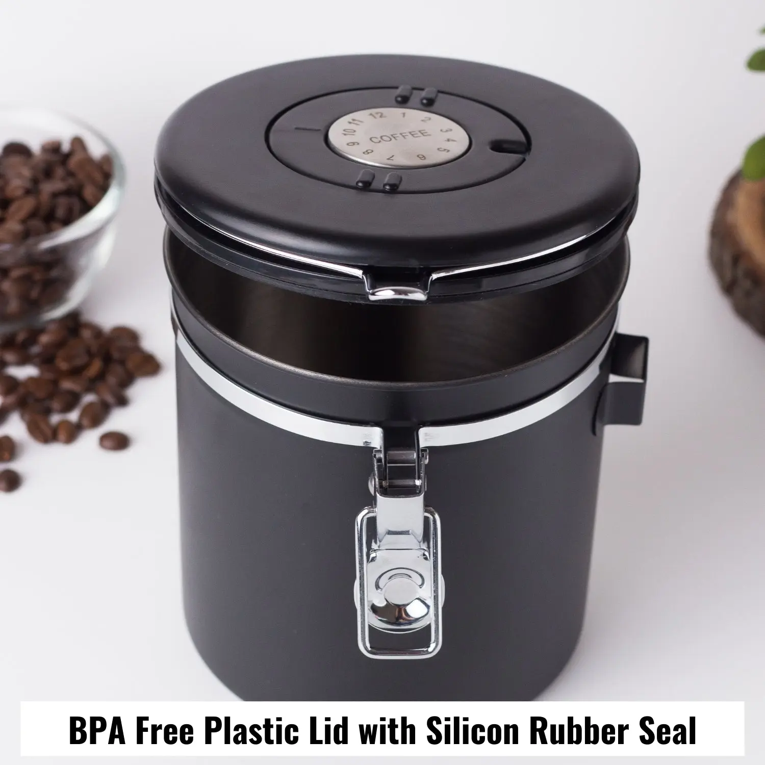 InstaCuppa Stainless Steel Coffee Canister, Airtight Container with Date Tracker Jar, CO2 Release Valve and Coffee Scoop, 500 Grams, Black - Image 5