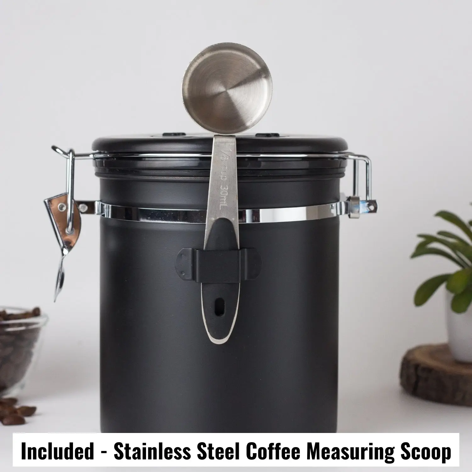 InstaCuppa Stainless Steel Coffee Canister, Airtight Container with Date Tracker Jar, CO2 Release Valve and Coffee Scoop, 500 Grams, Black - Image 6