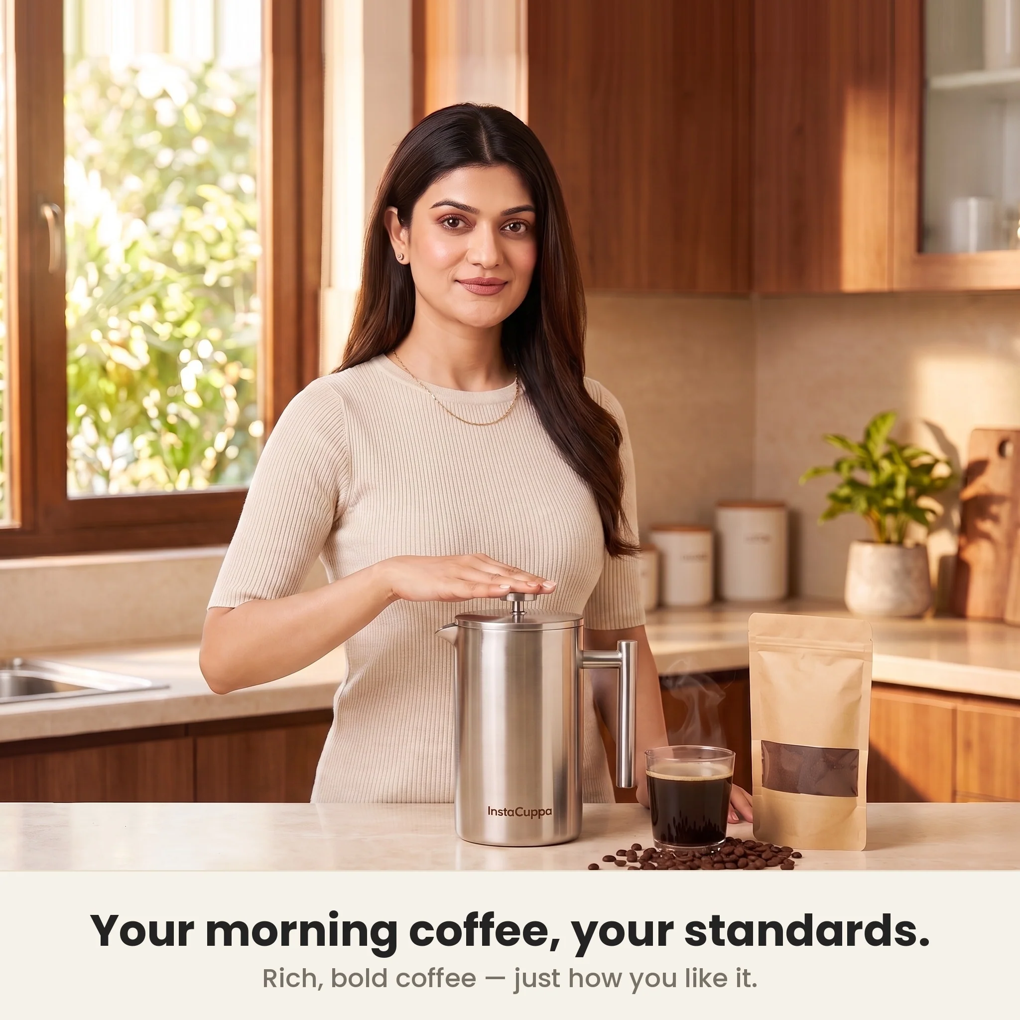 InstaCuppa Stainless Steel French Press Coffee Maker 1000 ml — Double Wall 304 Steel, 4-Part Filtration, Spare Filters, Scoop & Cleaning Brush Included - Image 12