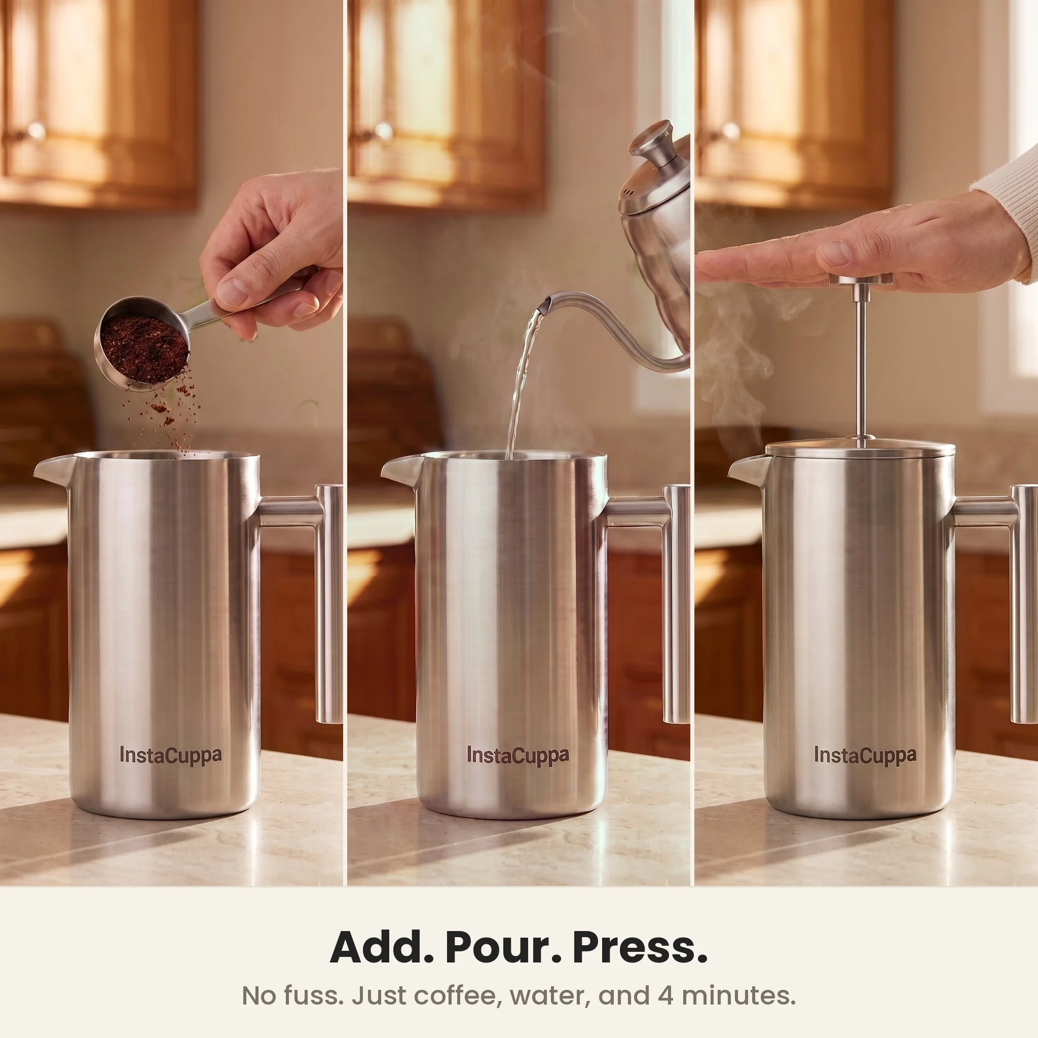 InstaCuppa Stainless Steel French Press Coffee Maker 1000 ml — Double Wall 304 Steel, 4-Part Filtration, Spare Filters, Scoop & Cleaning Brush Included - Image 13