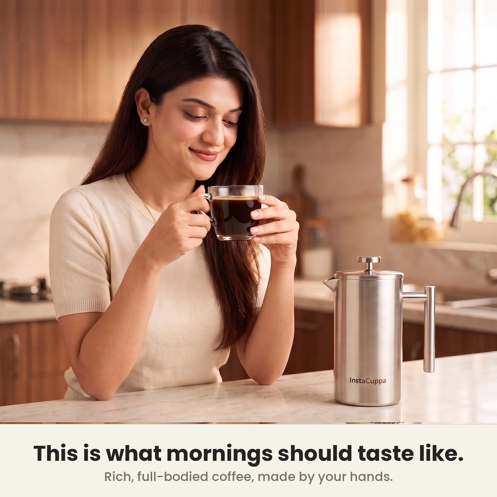 InstaCuppa Stainless Steel French Press Coffee Maker 1000 ml — Double Wall 304 Steel, 4-Part Filtration, Spare Filters, Scoop & Cleaning Brush Included - Image 14