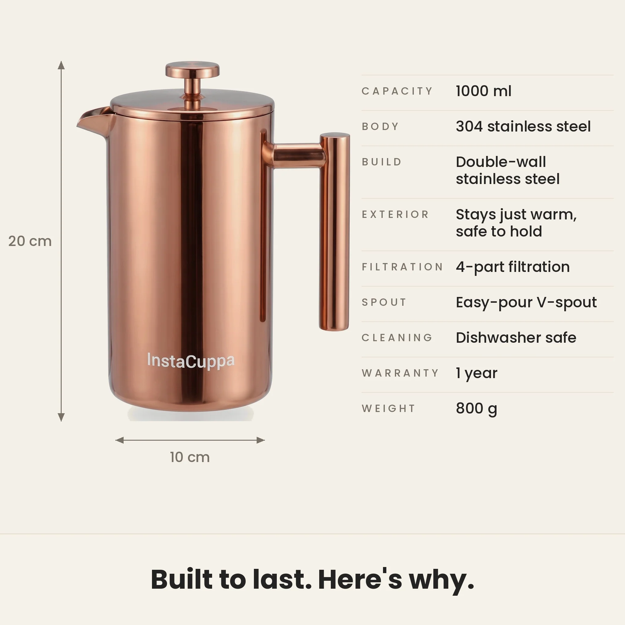 InstaCuppa Stainless Steel French Press Coffee Maker 1000 ml — Double Wall 304 Steel, 4-Part Filtration, Spare Filters, Scoop & Cleaning Brush Included - Image 26