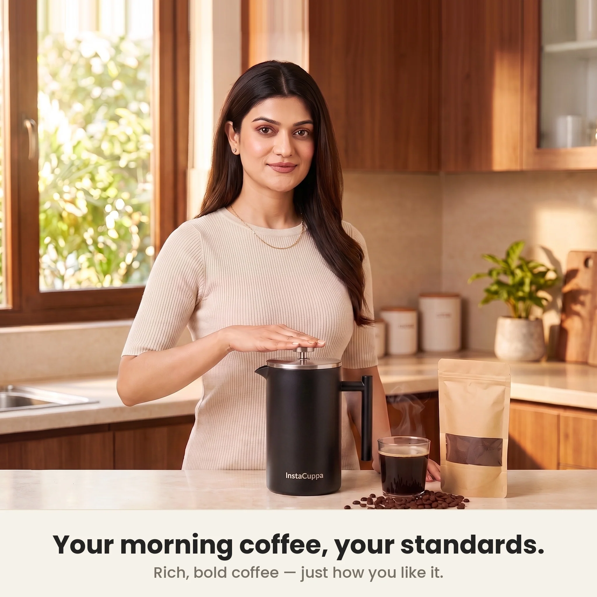 InstaCuppa Stainless Steel French Press Coffee Maker 1000 ml — Double Wall 304 Steel, 4-Part Filtration, Spare Filters, Scoop & Cleaning Brush Included - Image 3