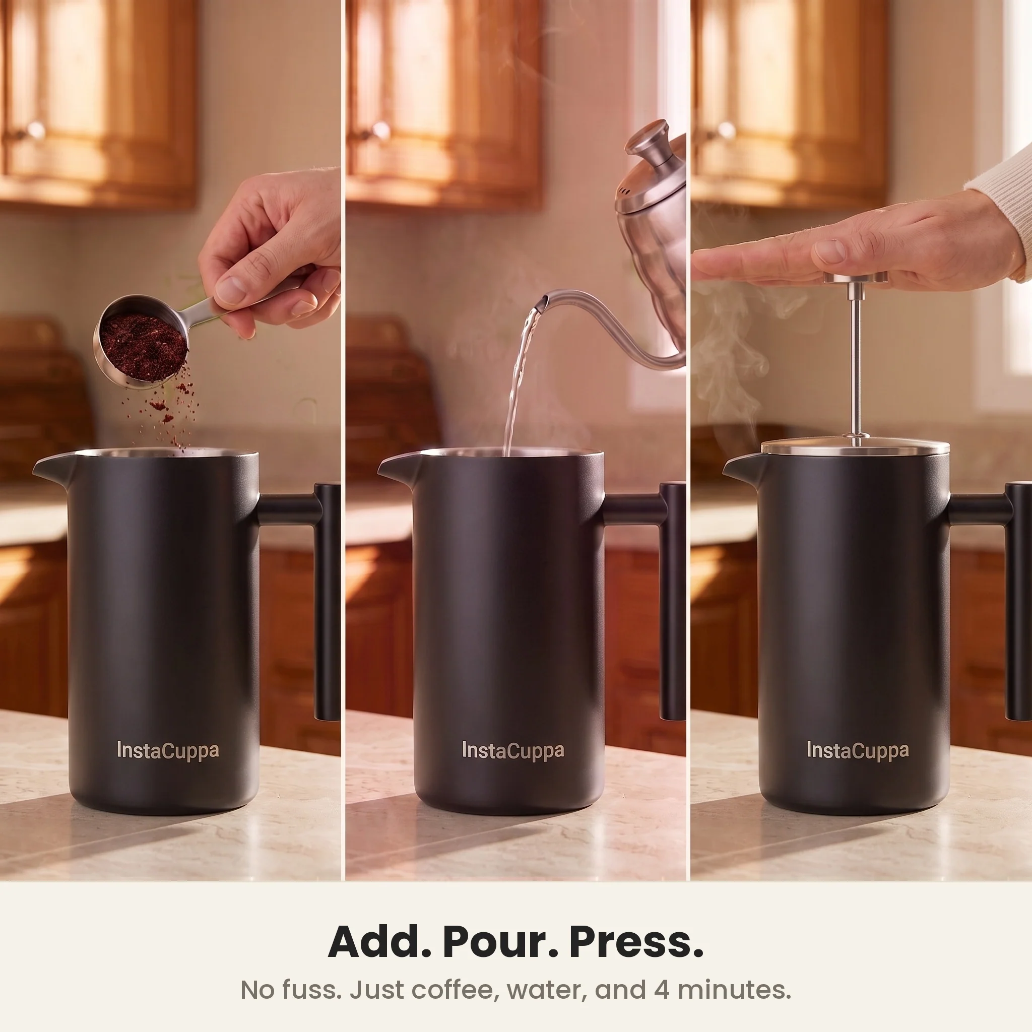 InstaCuppa Stainless Steel French Press Coffee Maker 1000 ml — Double Wall 304 Steel, 4-Part Filtration, Spare Filters, Scoop & Cleaning Brush Included - Image 4