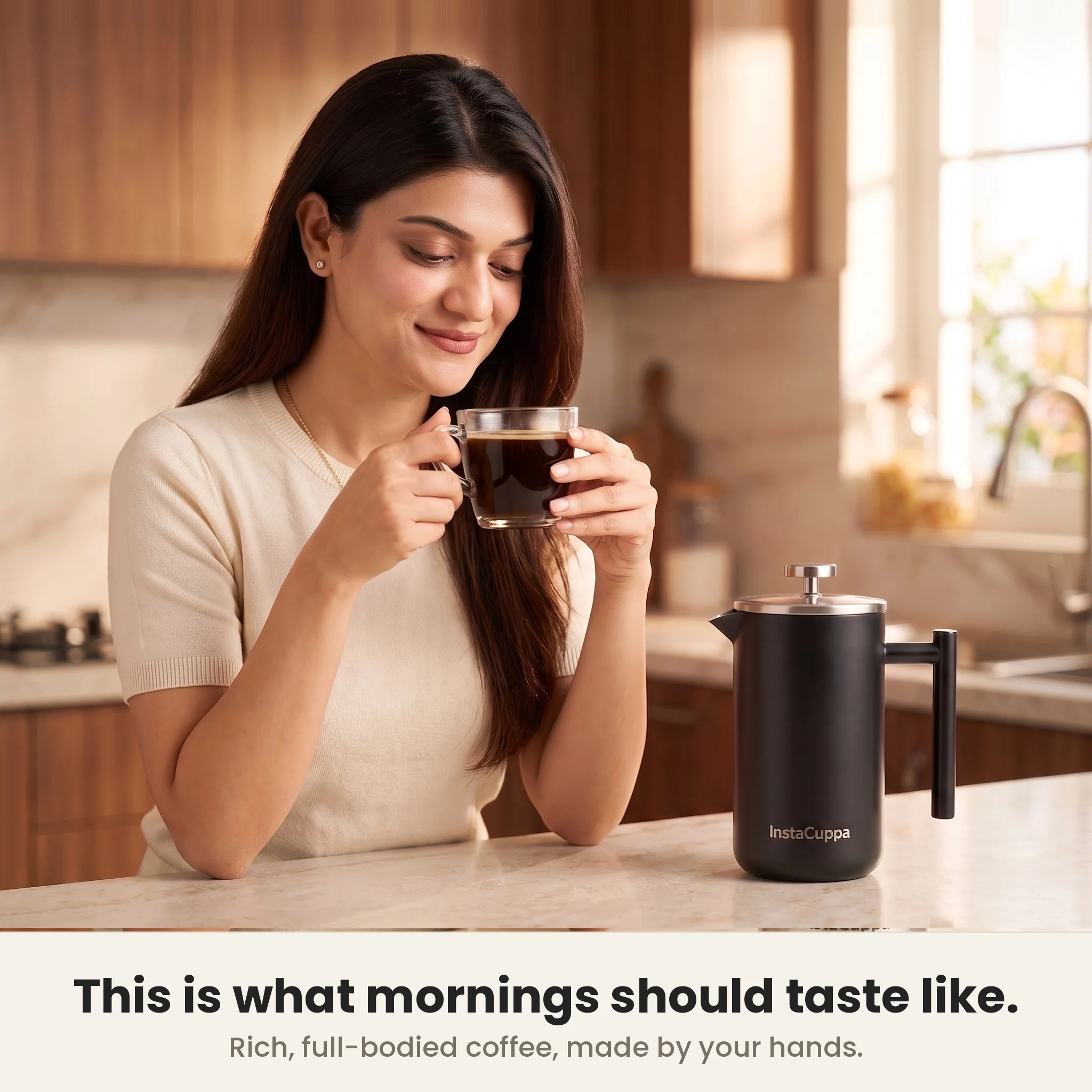 InstaCuppa Stainless Steel French Press Coffee Maker 1000 ml — Double Wall 304 Steel, 4-Part Filtration, Spare Filters, Scoop & Cleaning Brush Included - Image 5