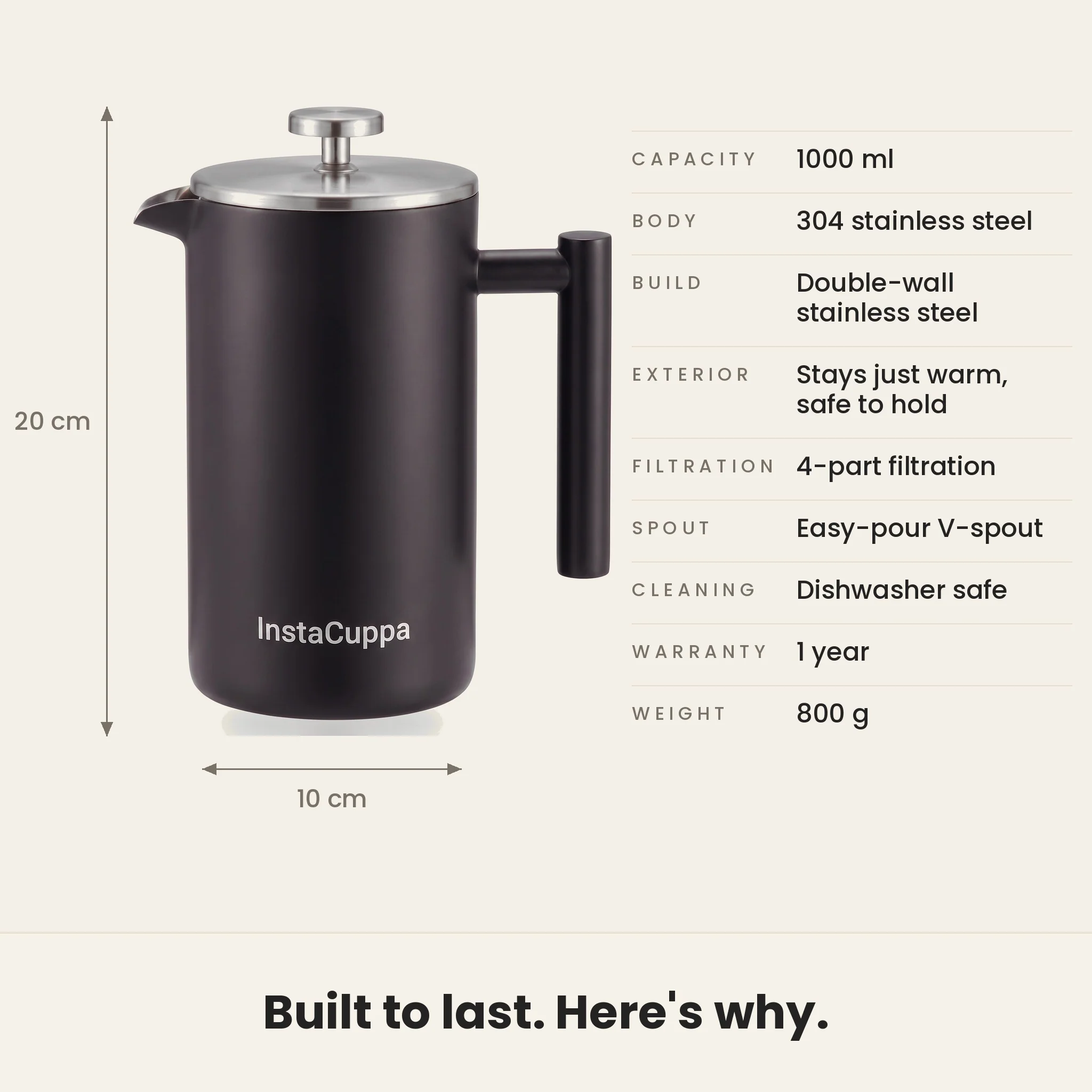 InstaCuppa Stainless Steel French Press Coffee Maker 1000 ml — Double Wall 304 Steel, 4-Part Filtration, Spare Filters, Scoop & Cleaning Brush Included - Image 8