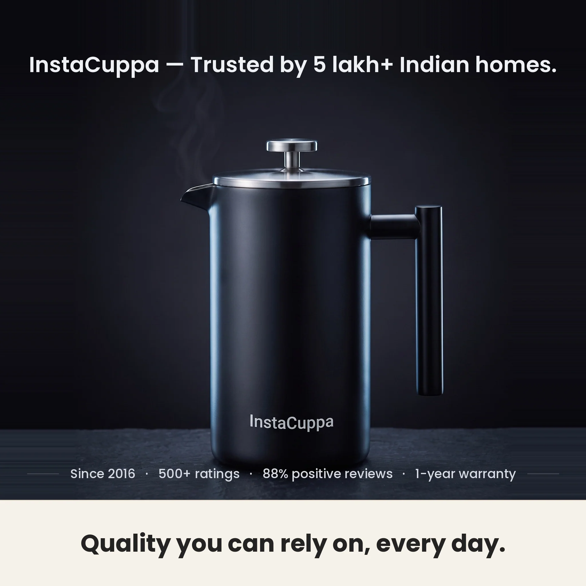 InstaCuppa Stainless Steel French Press Coffee Maker 1000 ml — Double Wall 304 Steel, 4-Part Filtration, Spare Filters, Scoop & Cleaning Brush Included - Image 9