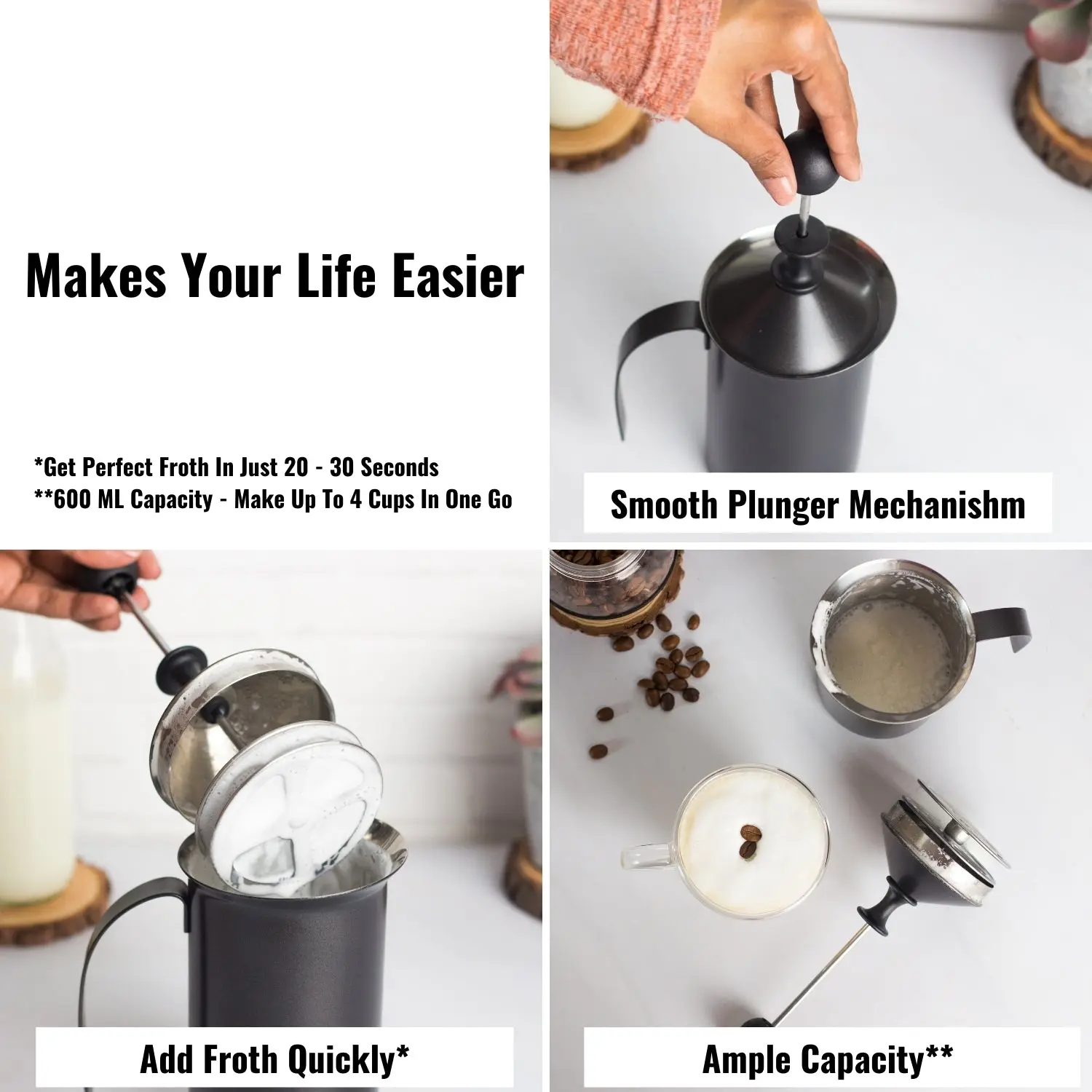 InstaCuppa Stainless Steel Manual Milk Frother, Foam Maker with Double Layer Mesh Plunger, Easy To Grip Handle - Image 3
