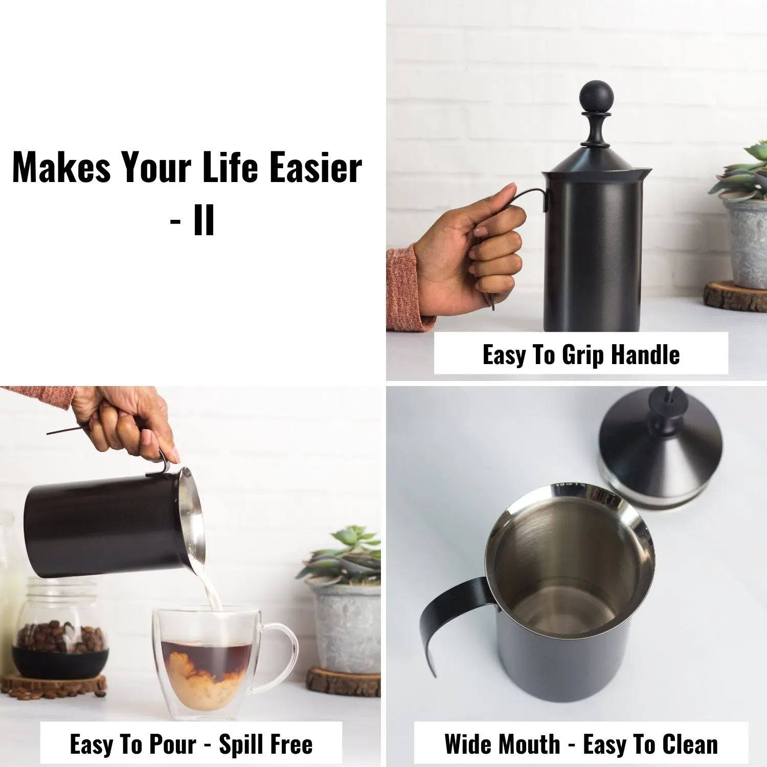InstaCuppa Stainless Steel Manual Milk Frother, Foam Maker with Double Layer Mesh Plunger, Easy To Grip Handle - Image 4