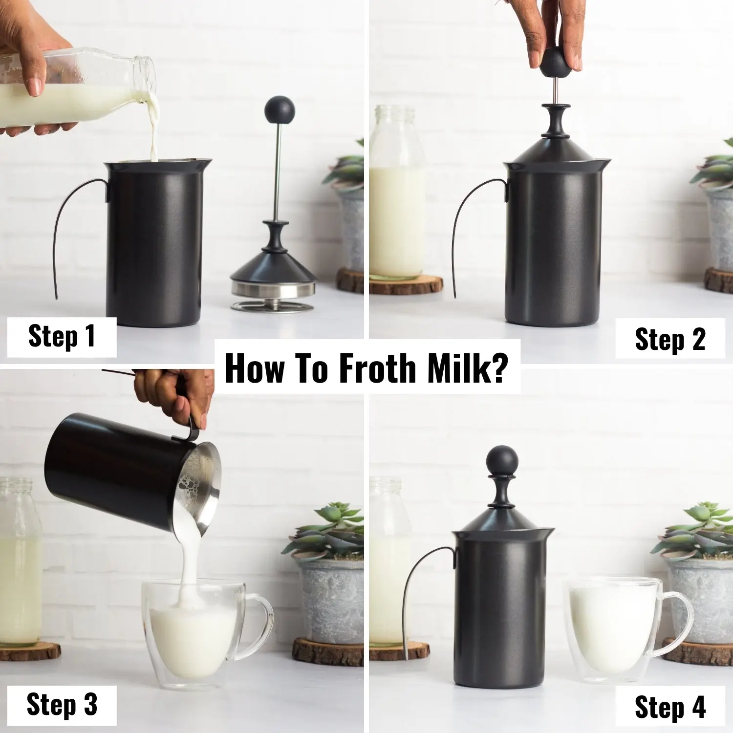 InstaCuppa Stainless Steel Manual Milk Frother, Foam Maker with Double Layer Mesh Plunger, Easy To Grip Handle - Image 5