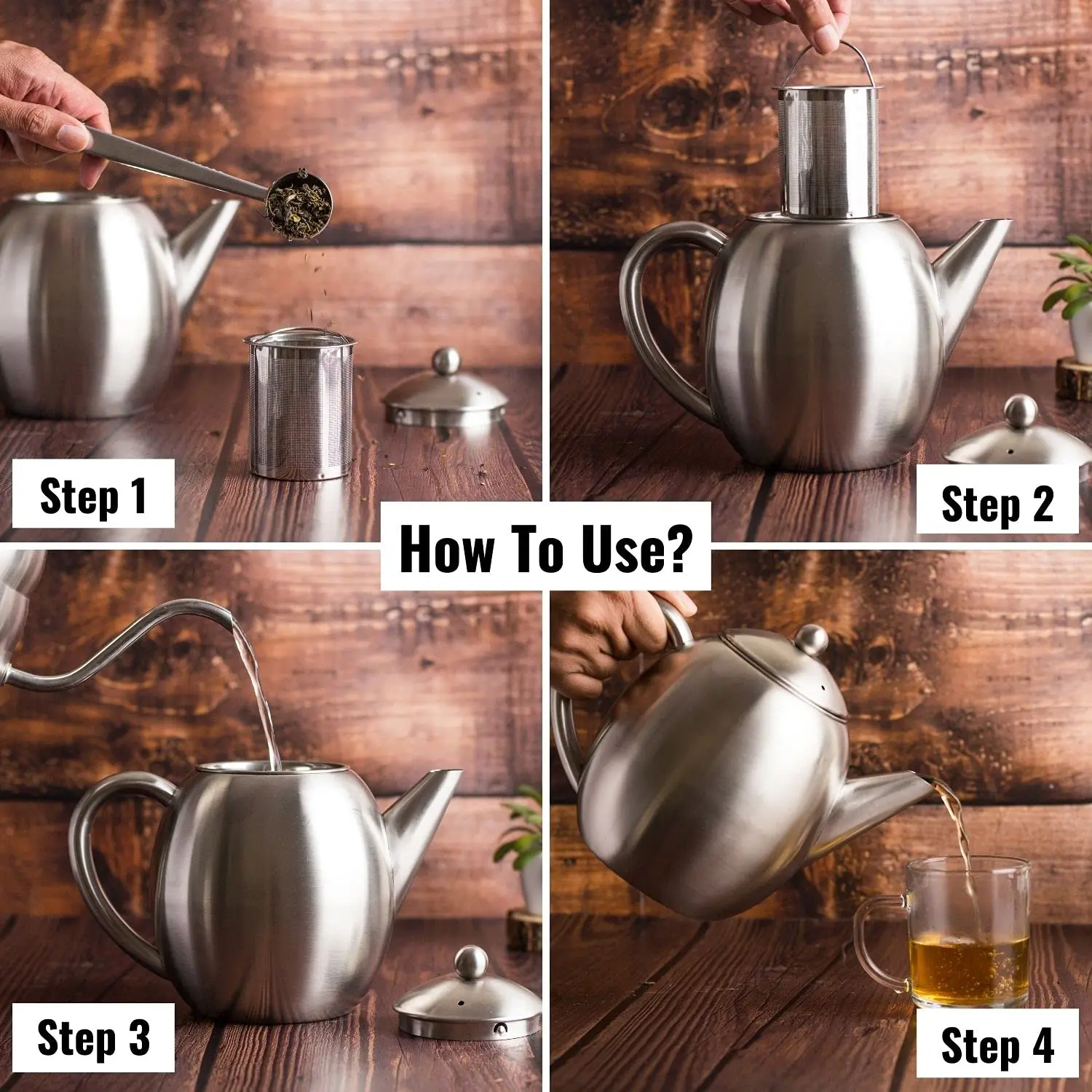 InstaCuppa Stainless Steel Tea Pot with Removable Tea Infuser, Easy to Pour Spout, Cool Touch Handle, Attractive Design, Unbreakable Build, 1.2 Litre - Image 6