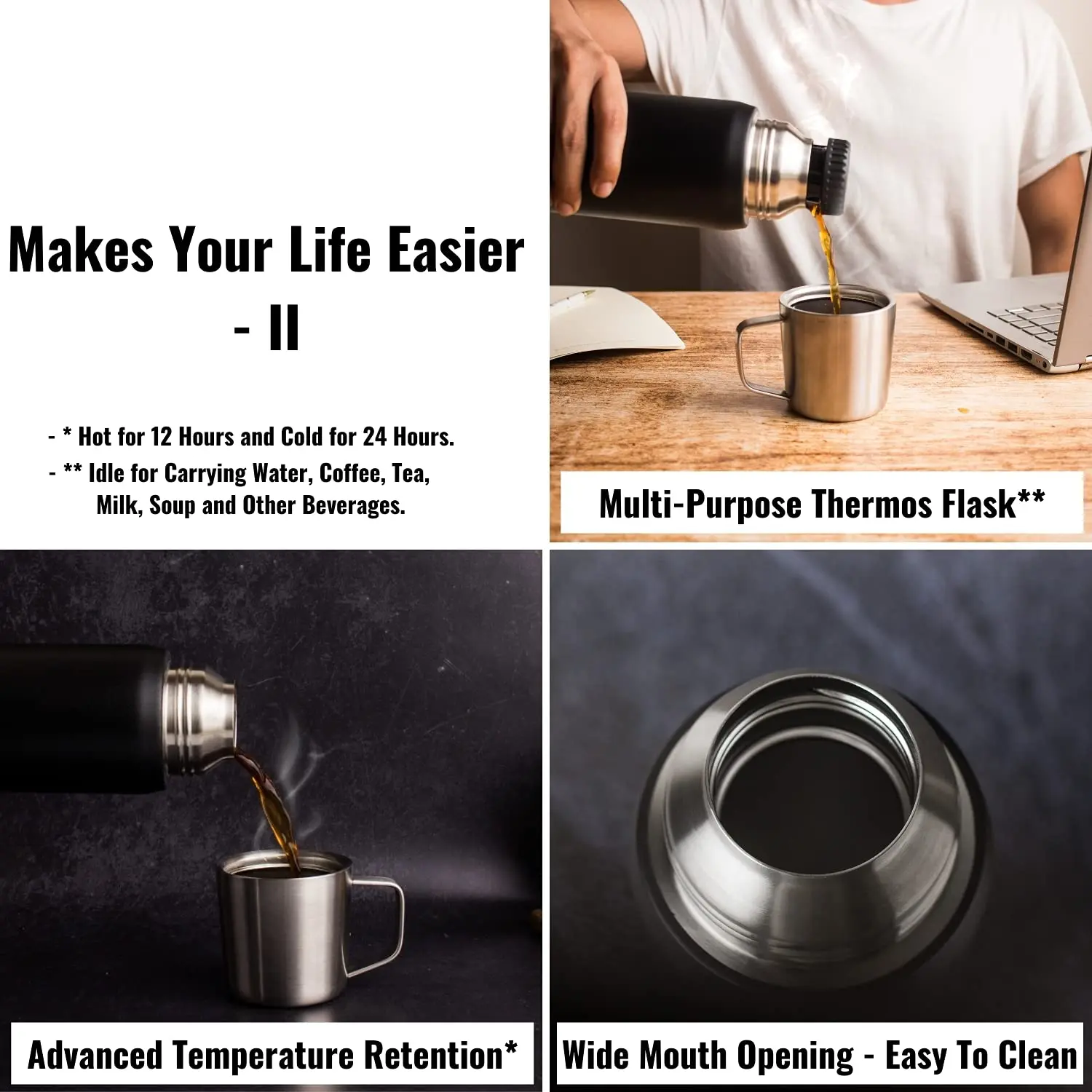 InstaCuppa Thermos Flask Bottle with Built-In Stainless Steel Mug, Twist Pour Screw Lid, Double Walled Vacuum Insulation - Image 26
