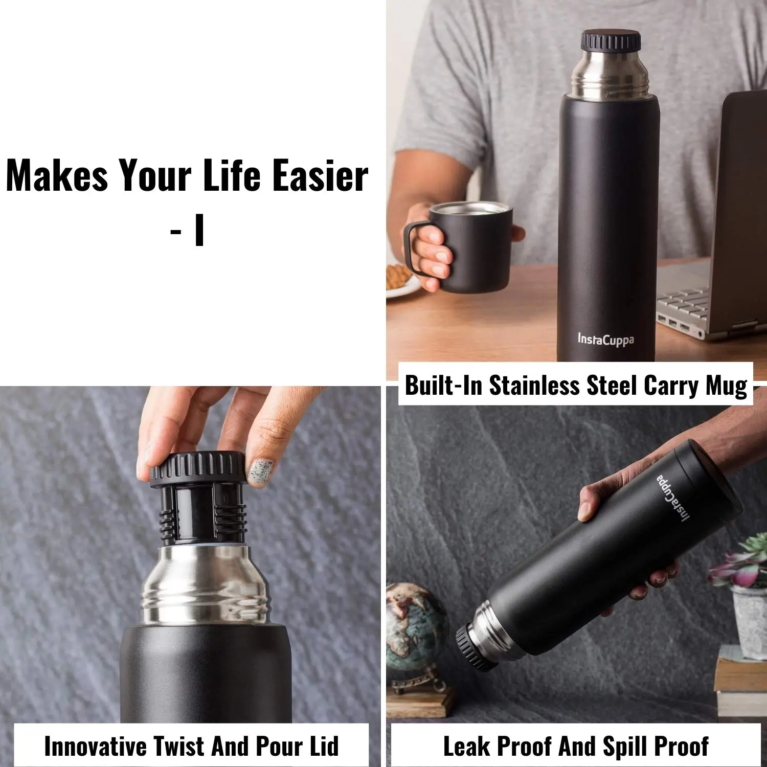InstaCuppa Thermos Flask Bottle with Built-In Stainless Steel Mug, Twist Pour Screw Lid, Double Walled Vacuum Insulation - Image 4