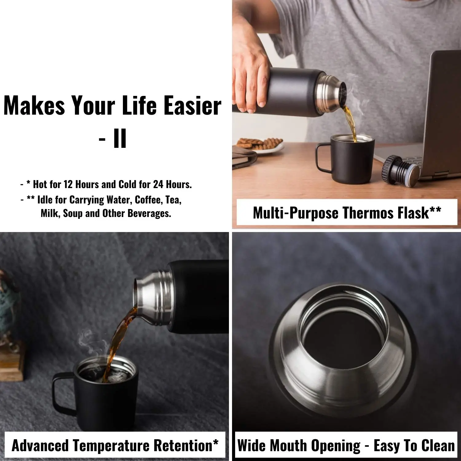 InstaCuppa Thermos Flask Bottle with Built-In Stainless Steel Mug, Twist Pour Screw Lid, Double Walled Vacuum Insulation - Image 5
