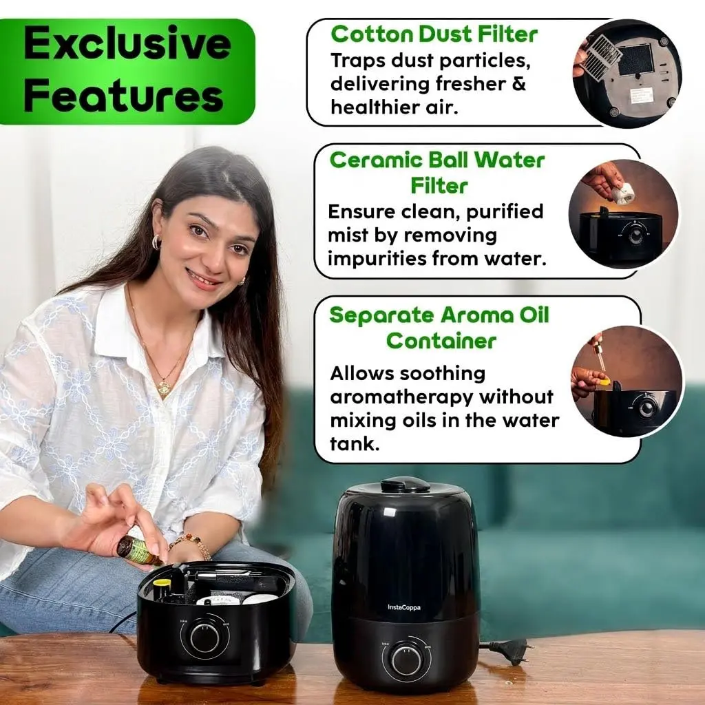 InstaCuppa Ultrasonic Cool Mist Humidifier 4L for Room - Cold & Cough Relief, Moisture Control, Aroma Diffuser, Ceramic & Mesh Filters - Image 4