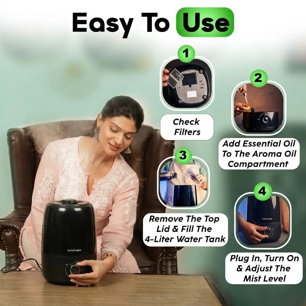 InstaCuppa Ultrasonic Cool Mist Humidifier 4L for Room - Cold & Cough Relief, Moisture Control, Aroma Diffuser, Ceramic & Mesh Filters - Image 7
